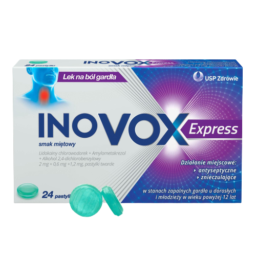 tabletka na gardło bez recepty  Inovox Express miętowy 24 past. do ssania